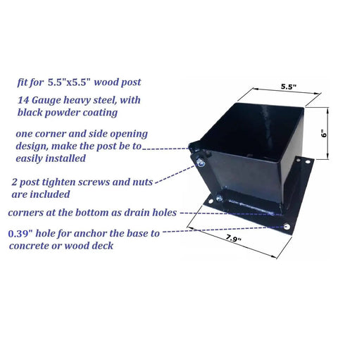 Diagram of 4 Pack Bolt Down Square Fence Post Brackets for 6x6 Wood Posts, Black Powder Coated 14 Gauge Steel Post Base Anchors for Carport.