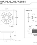 Technical diagram of Brass Shower Drain 4 Inch Square Grid With Hair Strainer, Brushed Brass Finish, Solid Brass Construction, Floor Mounted, Fits 2 Inch Drain Outlet, Watercourse Collection, Durable Low Profile Design For Easy Shower Renovations.