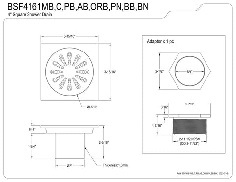 Technical diagram of Brass Shower Drain 4 Inch Square Grid With Hair Strainer, Brushed Brass Finish, Solid Brass Construction, Floor Mounted, Fits 2 Inch Drain Outlet, Watercourse Collection, Durable Low Profile Design For Easy Shower Renovations.