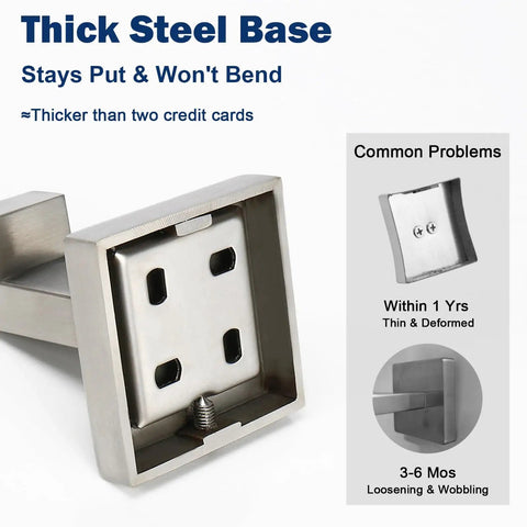 Close-up of Rust Resistant 304 Stainless Steel Square Towel Hooks Set Of 3, heavy-duty brushed nickel wall mount for bathroom.