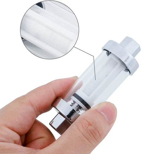 Hand holding Universal Fuel Pump Filter Clear View Glass Visual Check 200 Mesh Inlet And Outlet Fits Three Eighths Inch Hoses FFC1003