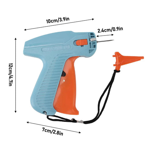 Clothes Tagging Machine For Clothing, Price Tag Attacher Kit with orange handle and size specifications, durable build.