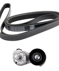 Heavy Duty Serpentine Drive Belt Kit Includes One Accessory Drive Belt Tensioner Assembly Plus Solid Serpentine Belt, black rubber belt and tensioner
