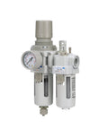 Piggyback Compressed Air Filter Regulator Lubricator Combo 3/8 NPT with 10 Micron Element, poly/metal bowl, manual drain