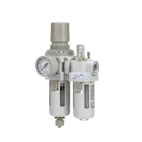Piggyback Compressed Air Filter Regulator Lubricator Combo 3/8 NPT with 10 Micron Element, poly/metal bowl, manual drain