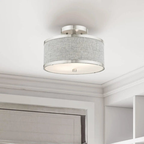 Two Light Brushed Nickel Semi Flush Ceiling Light With Gray Fabric Hardback Shade 11x11x8 Inches Requires 2 40W Medium Base Bulbs Not Included