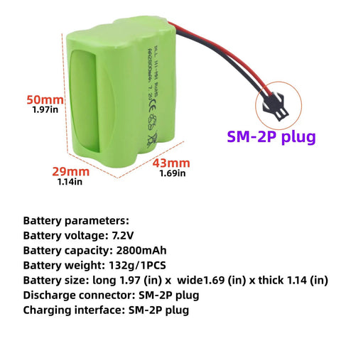 Two Pack AA 7.2V 2800mAh NiMH RC Battery Pack With SM2P Plug dimensions and specifications