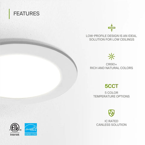 12 Inch LED Recessed Canless Wafer Downlight Dimmable 24W With Five Color Temperatures 2700K 3000K 3500K 4000K 5000K CRI90+ IC Rated Ultra-Thin Ceiling Light J-Box White UL Listed close-up showing features and certifications.
