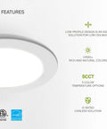 Close-up of 4 Pack 12 Inch LED Recessed Canless Wafer Downlights Dimmable 24W Easy Install With 5 Color Temperatures 2700K 3000K 3500K 4000K 5000K CRI90 IC Rated J Box UL Listed White Slim Ceiling Light Fixture showing features.