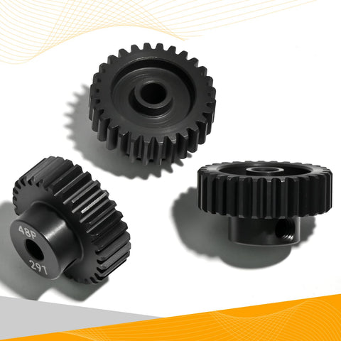48P Beefed Up Pinion Gear Set 28T 29T 30T Hardened Steel 3.175mm Shaft With Screws And Hex For 1 By 10 RC Cars And Trucks - gears on display