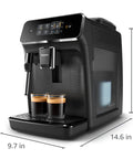 Fully Automatic Espresso Machine Crushing Your Morning Cravings With One Touch Brewing And Classic Milk Frother For Silky Cappuccinos Featuring Precision Ceramic Grinder And Sleek Black Touch Display, with two espresso cups.
