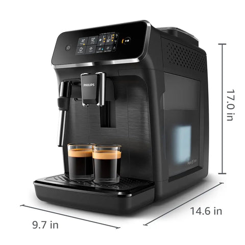 Fully Automatic Espresso Machine Crushing Your Morning Cravings With One Touch Brewing And Classic Milk Frother For Silky Cappuccinos Featuring Precision Ceramic Grinder And Sleek Black Touch Display, with two espresso cups.