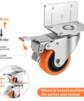 Heavy Duty Swivel Casters L Shaped Mount Double Ball Bearing with brake mechanism, 3 inch orange wheel close-up.