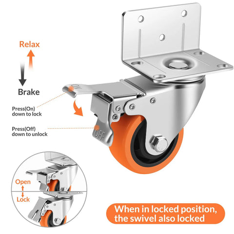 Heavy Duty Swivel Casters L Shaped Mount Double Ball Bearing with brake mechanism, 3 inch orange wheel close-up.