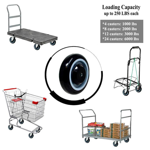 Five Inch Polyurethane Shopping Cart Wheel Set Four Pack Stepped And Full Tread Face With Double Ball Bearing 1400 Lb Total Capacity Durable Rust Resistant Carbon Steel Core Heavy Duty For Cart Applications shown with various cart types