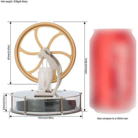 Low Temperature Stirling Engine For Coffee Mug Power next to 300ml can, showing compact size with dimensions.