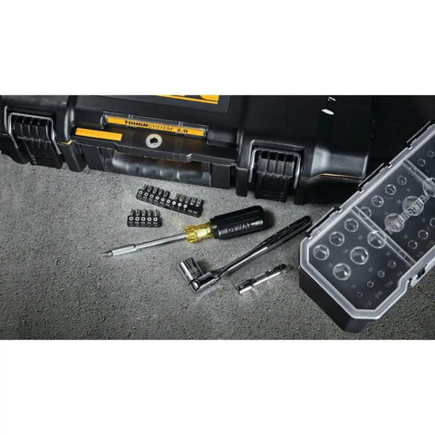 53 Piece MTS Tough System Storage Kit with tools on concrete surface, featuring stackable latches and durable multi-color case.