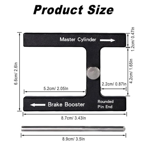 Heavy Duty Brake Booster Adjustment Tool And Master Cylinder Depth Checker With Adjustable Push Rod Set For Fast Pedal Measurements Durable Anodized Aluminum Build showing product size and dimensions.