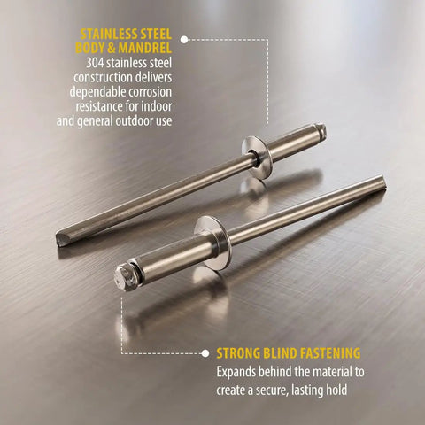Rock Solid 304 Stainless Steel Blind Rivets 100 Count 1/8 Inch Diameter 1/4 Inch Grip close-up of strong blind fastening design