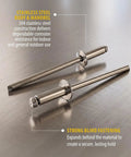 Straight Up Heavy Duty 304 Stainless Steel Blind Rivets 100 Pack showcasing two 3/16" diameter rivets on stainless steel surface.