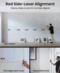 Using Green Beam Laser Distance Meter S50 for wall alignment and measurements, showcasing long-range capability indoors.