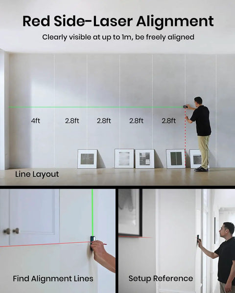 Using Green Beam Laser Distance Meter S50 for wall alignment and measurements, showcasing long-range capability indoors.