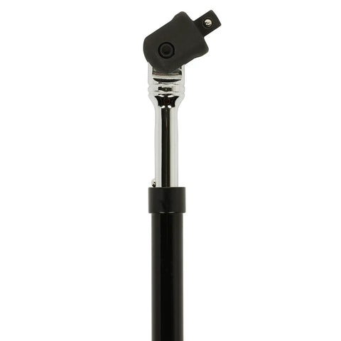 Close-up of extendable 1/2 inch drive black breaker bar with twist lock, chrome vanadium shaft for stubborn fasteners heavy duty torque tool
