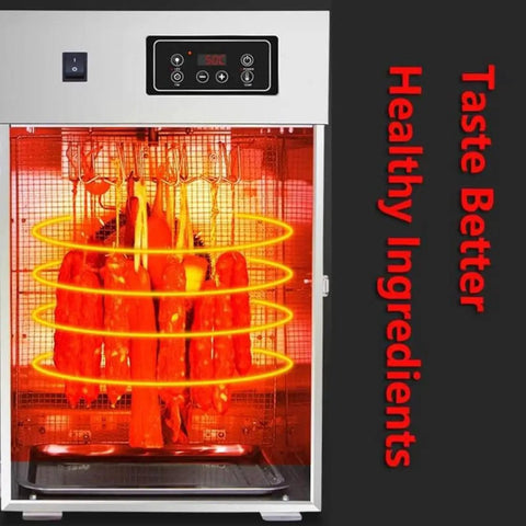 Straight Up Stainless Steel 360 Degree Rotary Food Dehydrator And Sausage Dryer showcasing jerky on racks with a digital timer.