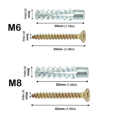 Beefy Self Drilling Metal Serrated Expansion Screws Set for Concrete Walls M6 M8 sizes with dimensions