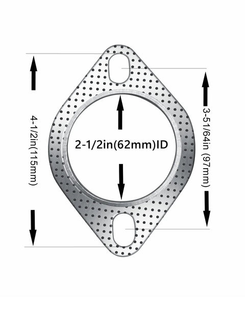 Exhaust gasket, 2.5-inch ID, diamond-shaped metal with two bolt holes for muffler flange, high-temperature