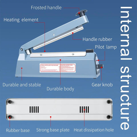 Heavy Duty Manual Impulse Heat Sealer Eight Inch Sealing Bar For PE PP Plastic Bags showing internal structure components.