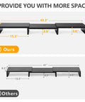 Comparison of dual monitor stand risers, showing 3-shelf adjustable length and tilt extra long multifunctional wood stand in black.