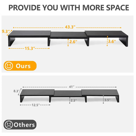 Comparison of dual monitor stand risers, showing 3-shelf adjustable length and tilt extra long multifunctional wood stand in black.