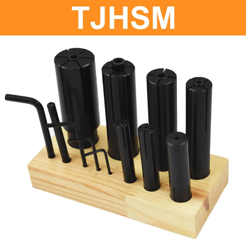 8 Piece Expanding Arbors Set For Lathe And Milling Machines One Quarter Inch To One And One Quarter Inch Capacity Mandrels Built To Last With A Workhorse Grip For Ring Mandrel Work And Smooth Tight Fits, black arbors on wood stand