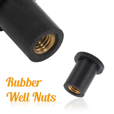 Close-up of 12 Pairs M4 Rubber Well Nuts Neoprene Expansion Brass Nuts Fairing Universal Motorcycle Fasteners for watercraft.