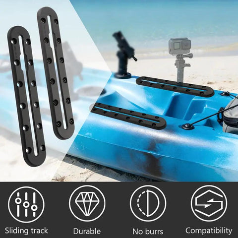 Four Pack 9.9 Inch Low Profile Kayak Gear Track Rails For Flat Surfaces, black aluminum track rails mounted on kayak deck