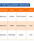 Compatibility chart for Front Wheel Hub Bearing Assembly With ABS For 2008-2016 Chrysler Town And Country, 2008-2014 Dodge Grand Caravan.