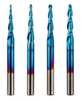 4x blue-coated tungsten carbide end mills, 2-flute tapered ball nose, 1/8 in shanks