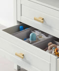 Ten Pack Brushed Gold Cabinet Knobs 2 Inch 50mm Single Hole Pulls For Kitchen Cabinets And Drawer Fronts ZH0026 installed on white drawers