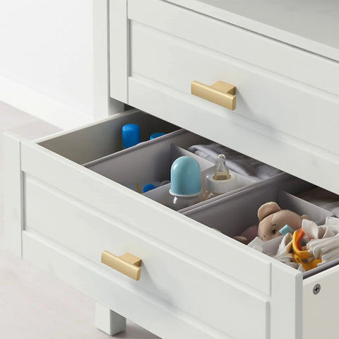 Ten Pack Brushed Gold Cabinet Knobs 2 Inch 50mm Single Hole Pulls For Kitchen Cabinets And Drawer Fronts ZH0026 installed on white drawers