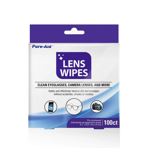 Pure-Aid Lens Wipes 100ct (1pk) white pouch with purple label, pre-moistened wipes for eyeglasses and camera lenses