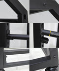 Heavy Duty Rolling Metal Storage Rack With Adjustable Shelves Caster Wheels And Ten Hanging Bars close-up of metal frame and adjustable rods.