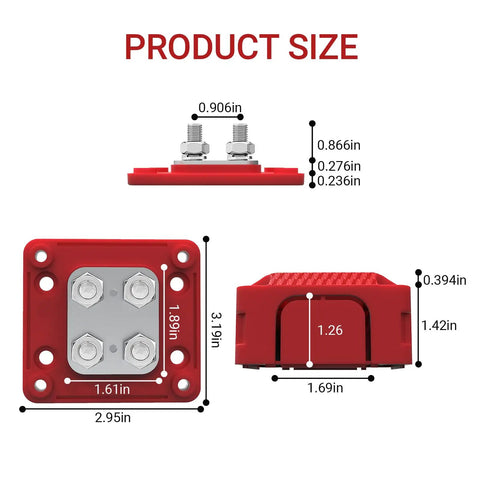 Heavy Duty 450A DC Bus Bar With 4 X M10 Stud Posts, 12 To 48 V Tin Plated Copper Block dimensions shown for automotive use