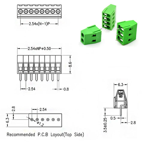 Diagram and image of 2.54mm Pitch Screw Terminal Block Kit, Plug-And-Play 2P/3P/4P PCB Mount, Flame-Retardant PA66 Housing, Arduino Compatible