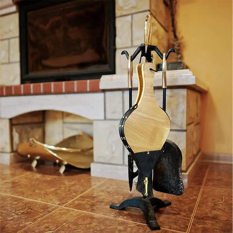 Heavy Duty Fireplace Bellows And Large Wood Fire Blower Crafted From Rock Hard Heat Resistant Leather, smooth design displayed by a hearth.