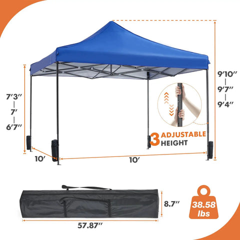 10x10 Ft Pop Up Canopy Tent For Camping Parties Events Patio Beach Backyard All Weather Heavy Duty Instant Sun Shade With Sand Bags Blue Party Ready