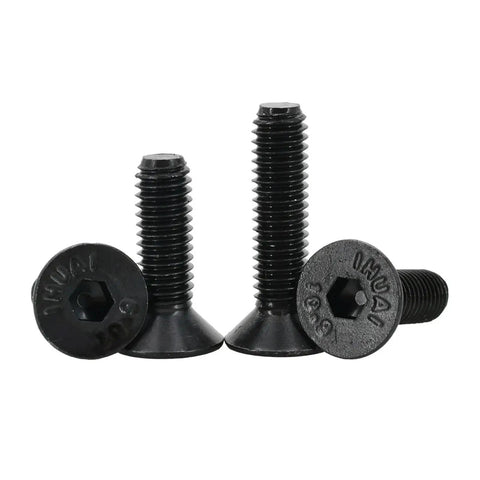 Three black flat head hex socket screws from All In One Flat Head Hex Socket Screw Nut Kit For M6 Bolts And Nuts Heavy Duty Hardware Set