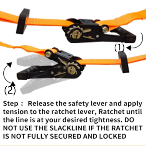 Zipline Pulley For Slackline Kit With Ninja Slider And Brake Stopper instructions showing ratchet setup with safety lever.
