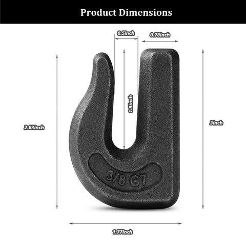 Three Eighths Inch Weld On Grab Hooks Four Pack Heavy Duty Clevis Hooks G70 product dimensions illustration