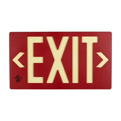 Red Exit Sign With Frame Single Sided 8.75 By 15.5 Inch UL Listed Glo Brite 7050 B Zero Energy No Bulbs Or Battery Maintenance 50 Foot Viewing Distance Mounts Four Ways Includes Bracket And Arrows